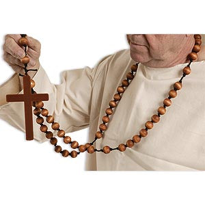 Monk cross — wood cross with large prayer beads, stage-visible rosary style