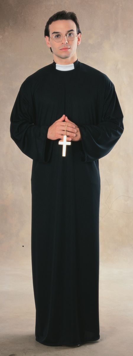 Priest costume — black robe with white collar, adult standard 36–38, alternate view