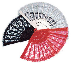 Spanish lace fan — plastic frame with lace fabric, 9"H x 16"W, opens right