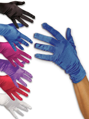 Satin wrist gloves — stretch satin, ladies one size fits most, 9"L