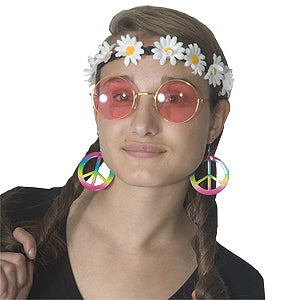 Hippie Costume Kit — round colorful glasses, daisy headband, peace clip-on earrings