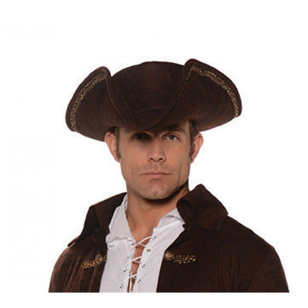 Faux suede tricorne hat — brown, 4"H 15" corner to corner, pirate or colonial style