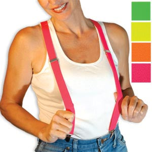 Neon suspenders — adjustable 1"W, glows under black light, available in green, chartreuse, orange, pink