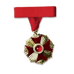 Vampire medallion — gold plastic pendant, 2" wide, on red plastic neck ribbon