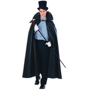 Black leather-look cape — 9" stand-up collar, clasp closure, 63"L, Dracula/Opera style