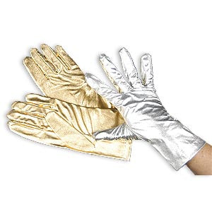 Lamé wrist-length gloves — sparkling gold and silver, ladies one size, 9" long
