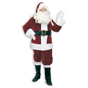 Velveteen Santa suit — burgundy red with white plush trim, coat, pants, hat, belt, boot tops, gloves