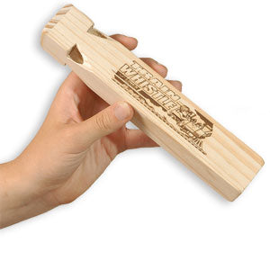 Wood train whistle stage prop — natural wood, classic toy, 7"L