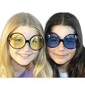 Designer sunglasses — large black plastic frames with assorted colored lenses