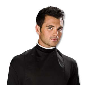 Clerical collar bib with attached white collar — ties in back, one size fits most