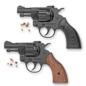 Blank gun — black metal .22 caliber starter pistol, packaged view