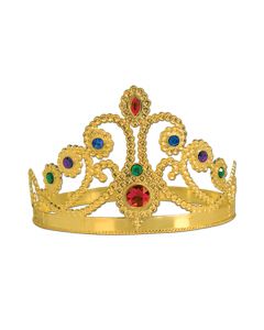 Queen's tiara — gold metallic plastic with jewels, adjustable band, 4 inches tall