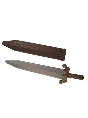 Plastic Roman sword and sheath — unpackaged view showing both pieces