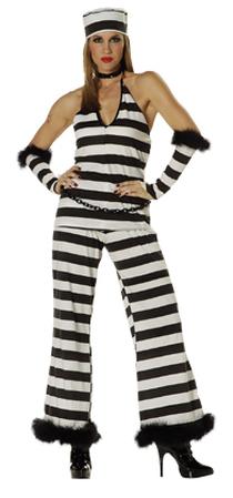 Sexy Jailbird adult costume — black-and-white striped dress with accessories
