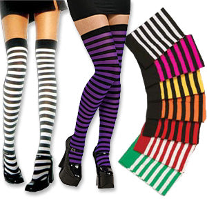 Striped thigh-high stockings — poly/nylon blend, multiple color variants, one size fits 90–160 lbs