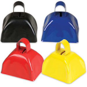 Cowbell — metal, 3 inch, available in black, blue, red, and yellow