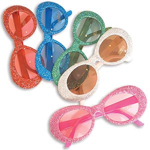 Glitter glasses — plastic frames with glitter detail and colorful lenses, assorted colors