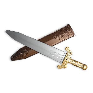 Plastic Roman sword with sheath — 19" gold-tone prop weapon, packaged