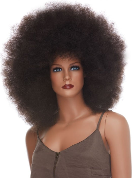 Super Jumbo Afro wig — brown, shown on model for size comparison