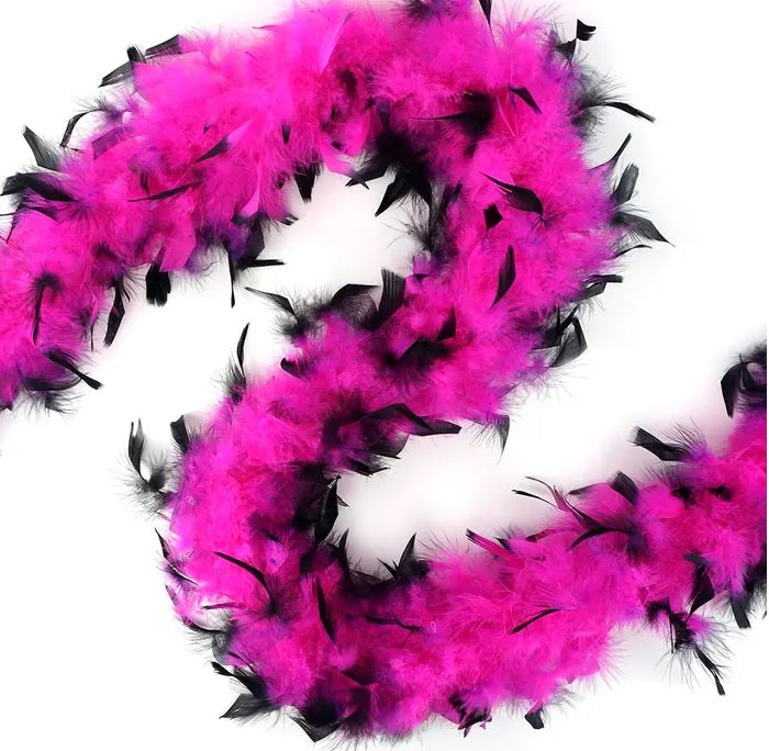 Chandelle boa with dyed tips — shocking pink with black tips, 2-yard turkey feather boa