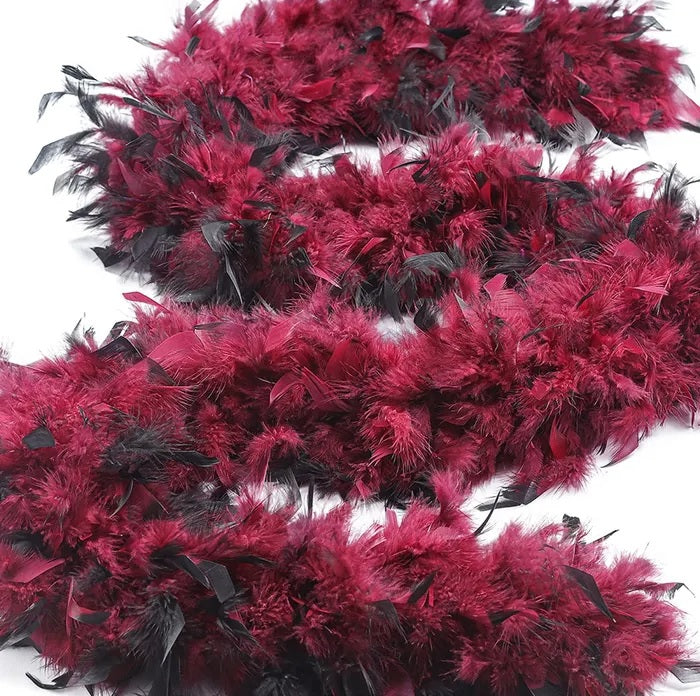 Chandelle boa with dyed tips — burgundy with black tips, 2-yard turkey feather boa