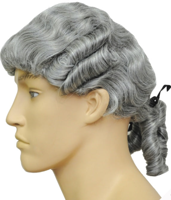 Colonial Man wig — grey variant, two side curls and back pigtail