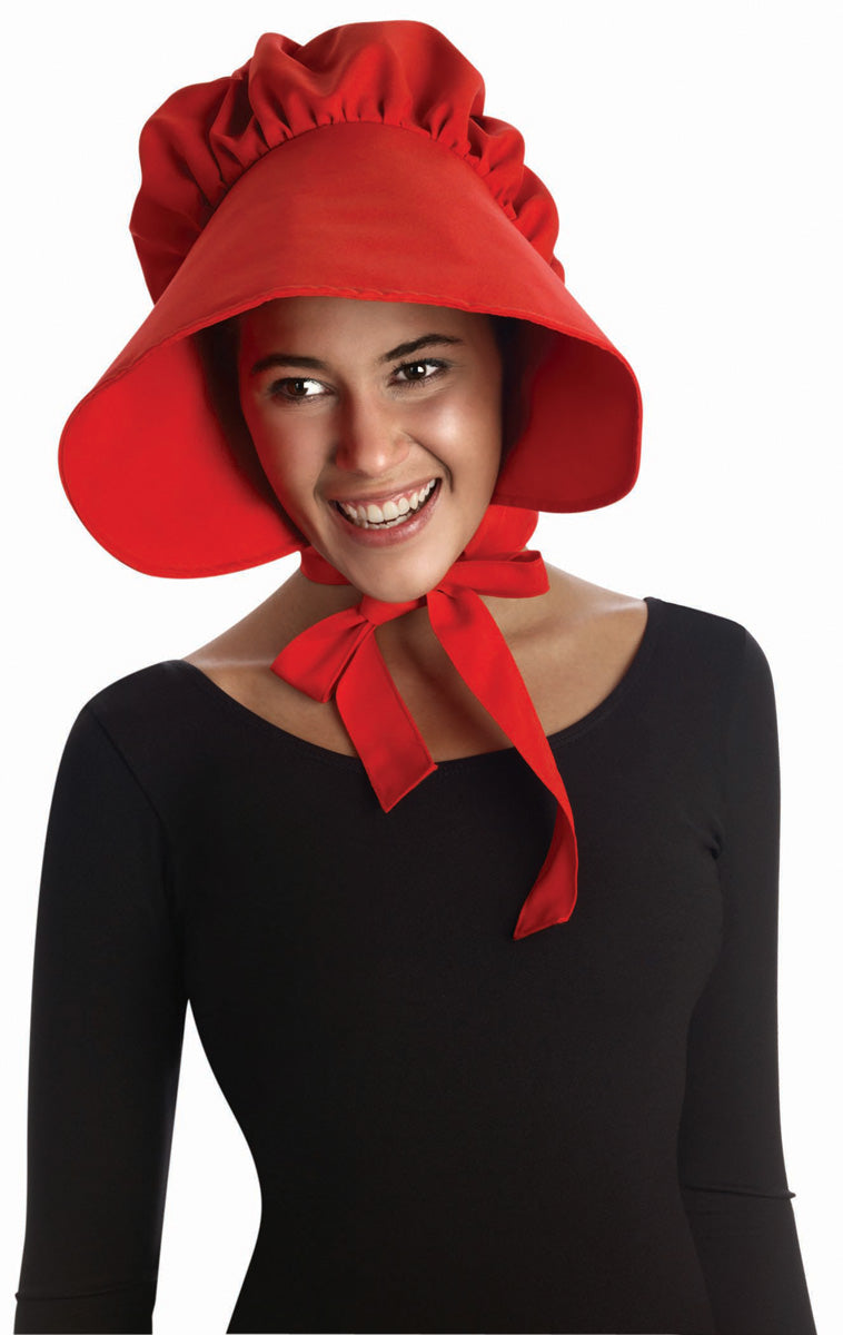 Victorian ladies bonnet — red with brim and ribbon ties, one size fits most