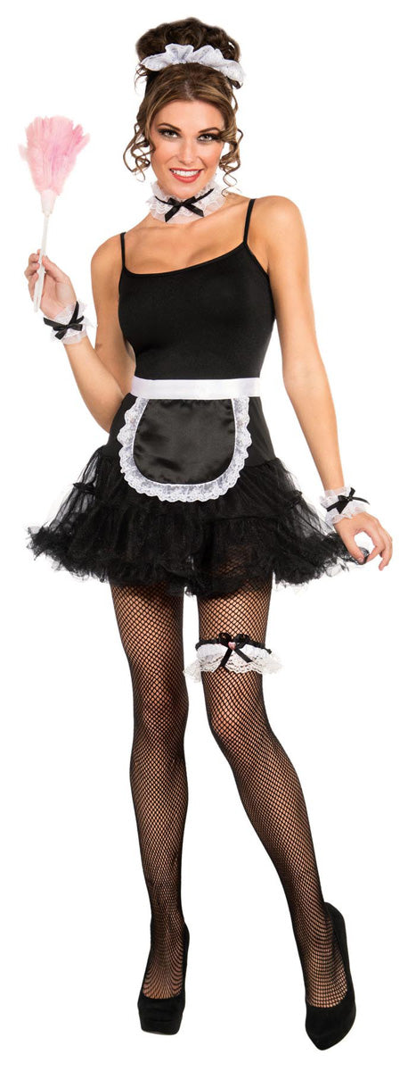 French Maid Accessory Kit — black and white headpiece, choker, wrist cuffs, and apron with decorative trim