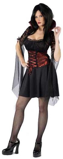 Twilight Vamp costume — black dress with red metallic ribbon accents and attached vampire collar