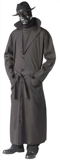 Night Stalker adult costume — black raincoat, hat, gloves, hood, and mask