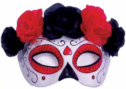 Day of the Dead half mask — side view showing flower arrangement and mask profile