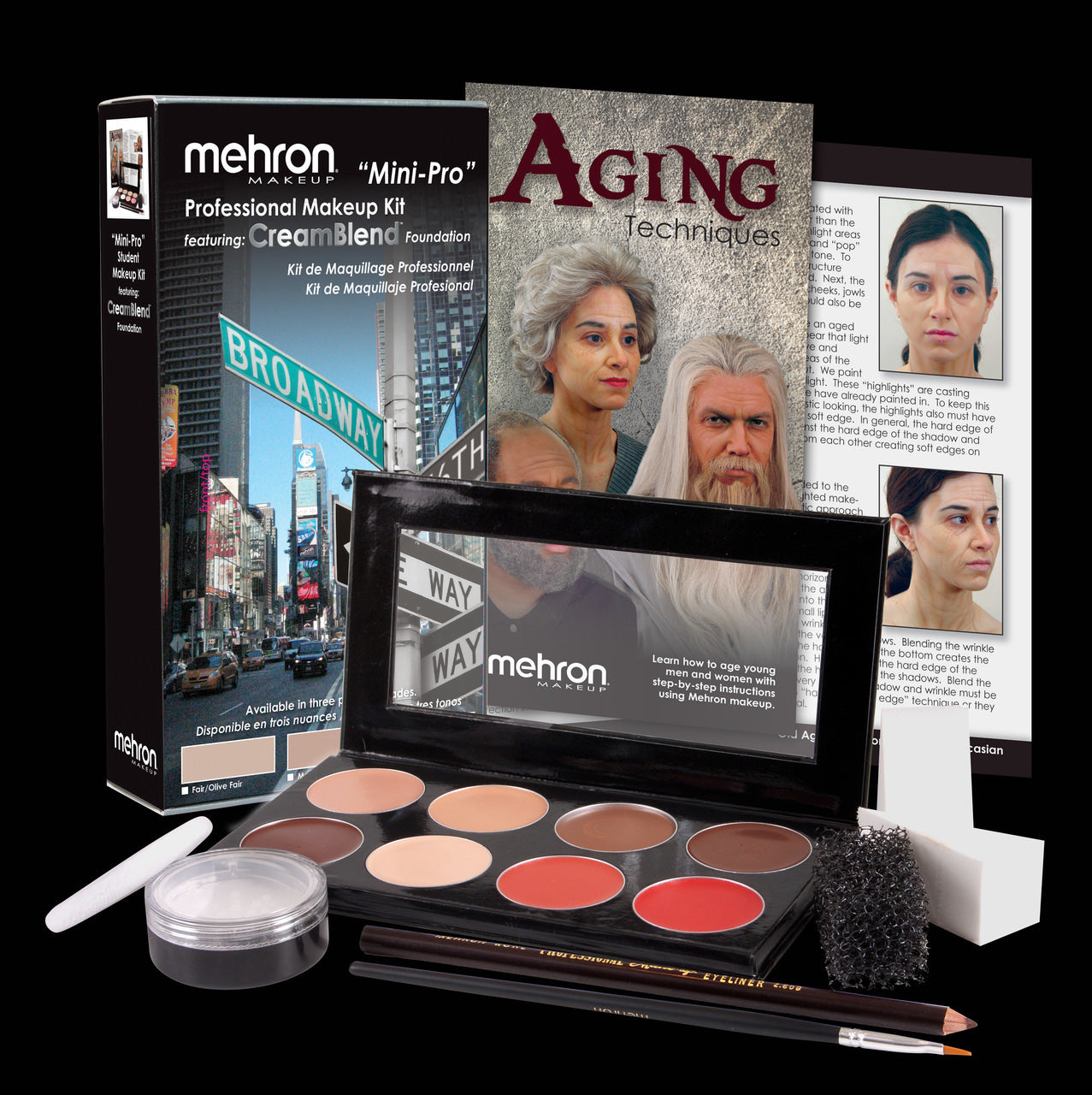 Mehron Mini-Pro Kit KMP-ND — Medium Dark/Dark variant, open palette showing foundation shades