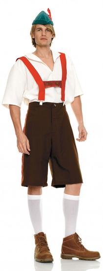 Men's Deluxe Lederhosen costume — hat, shirt, suspenders, and shorts, sizes M/L–XL