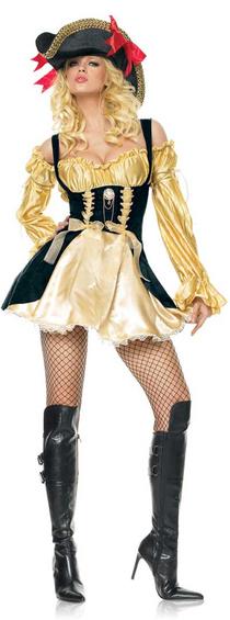 Marauder's Wench costume — peasant top dress with jeweled brooch, XS–S