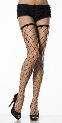 Black fence net thigh highs — lycra, scalloped elastic top, one size fits most