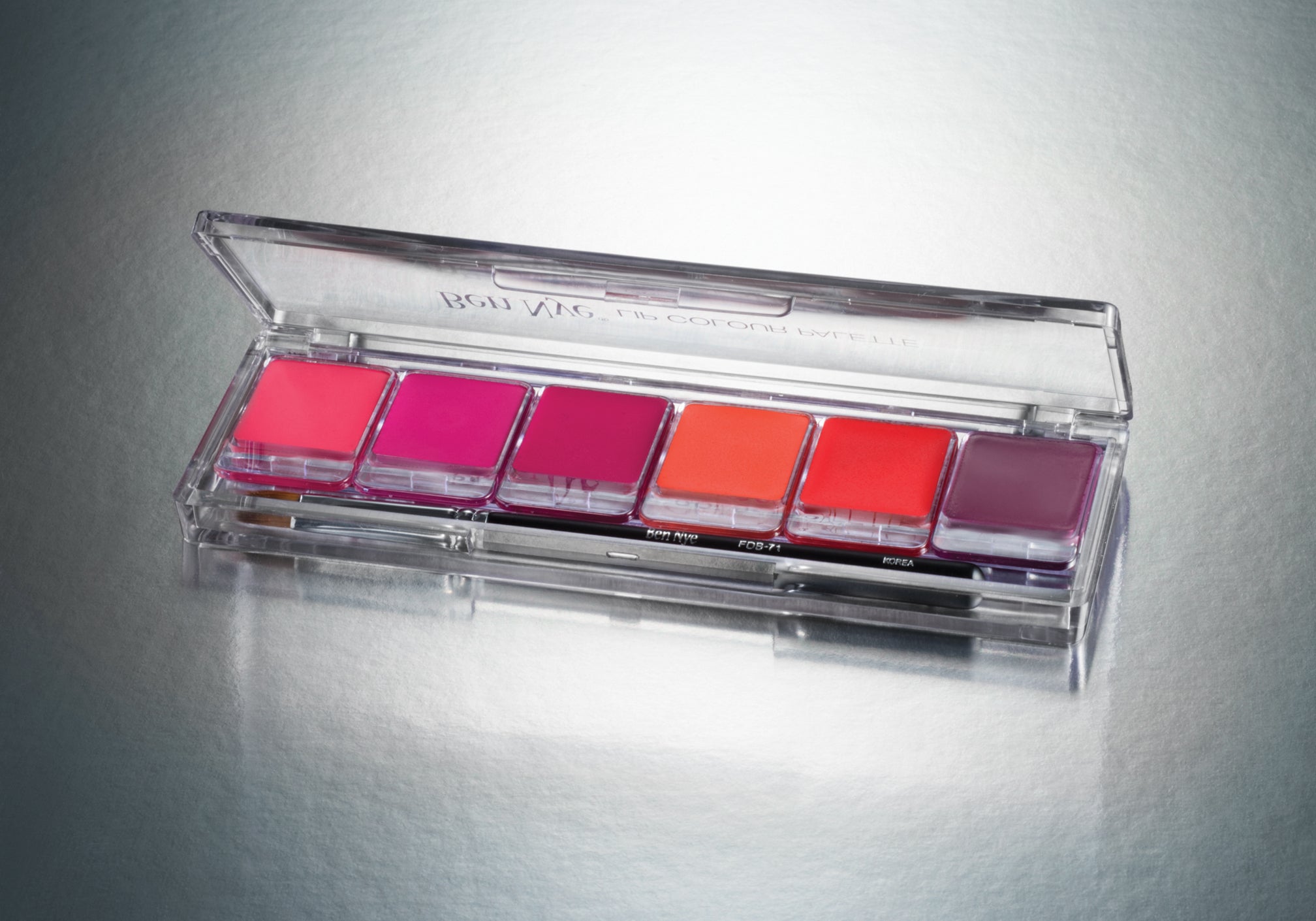 Ben Nye LSP-3 lip palette open — swatches showing 6 shades with included lip brush