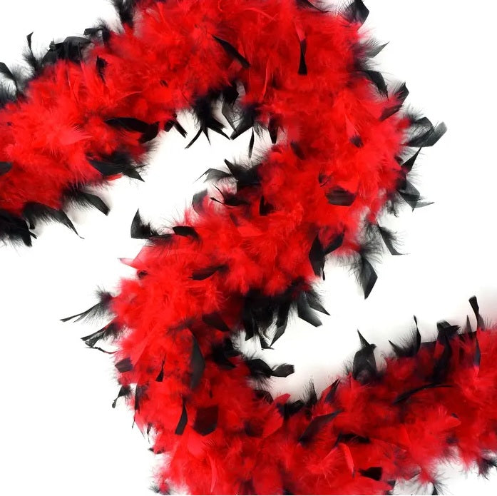 Chandelle boa with dyed tips — red with black tips, 2-yard turkey feather boa