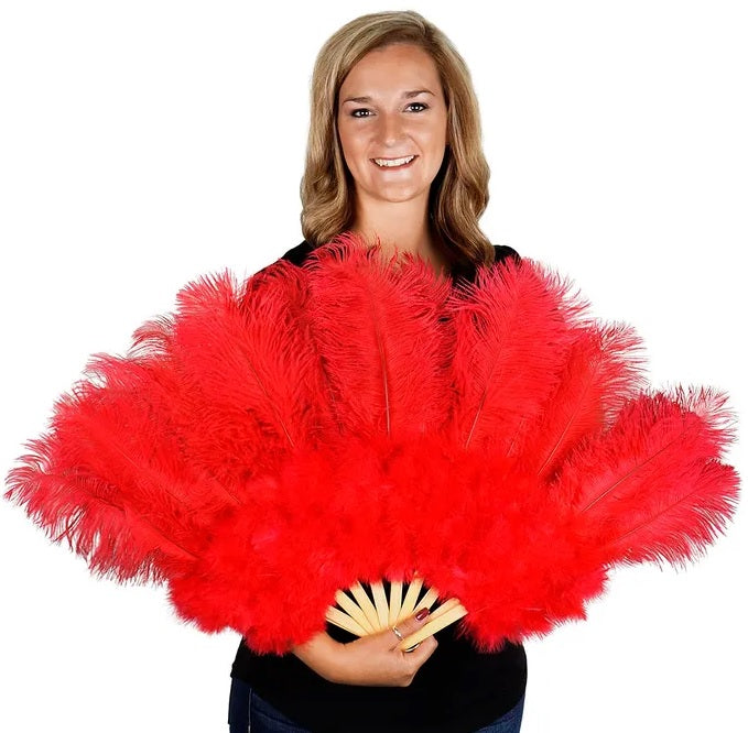 Ostrich drab feather fan — red, 12–13" feathers on bamboo staves, 18"H x 34"W
