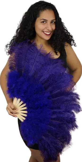 Ostrich drab feather fan — regal purple, 12–13" feathers on bamboo staves, 18"H x 34"W