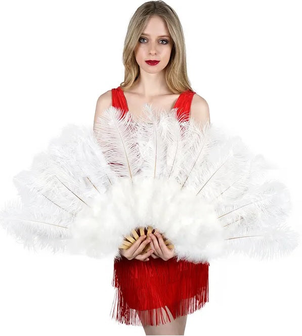 Ostrich drab feather fan — white, 12–13" feathers on bamboo staves, 18"H x 34"W