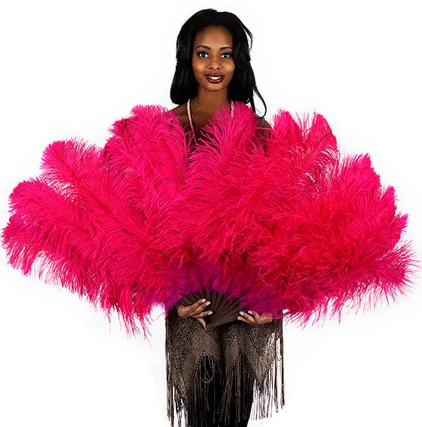 Ostrich drab feather fan — shocking pink, 12–13" feathers on bamboo staves, 18"H x 34"W