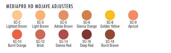 Ben Nye Mojave Adjusters color range — all available shades for olive and brown skin tones