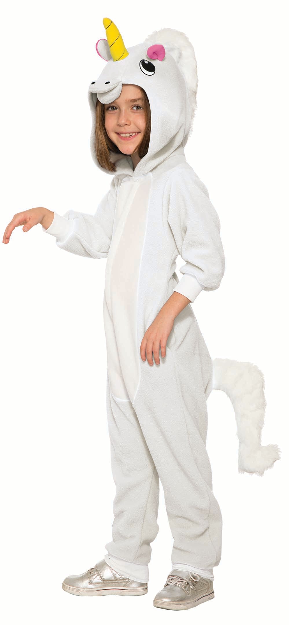 Unicorn kids costume — one-piece white rainbow outfit, sizes SM–LG