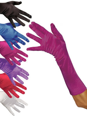 Satin elbow gloves — stretch satin, ladies one size fits most, 15"L
