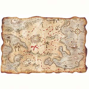Treasure map stage prop — vinyl plastic, 12x18 inches, pirate production and party use