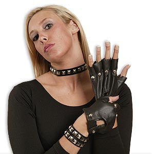 Studded choker — black faux leather with metal studs, snap closure, 15" length