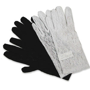 Wrist-length lace gloves — stretch lace, 8 inches long, available in black and white