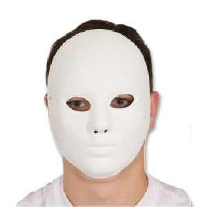 White full face mask — matte front, shiny back, elastic strap, 9"H x 7"W, paintable surface