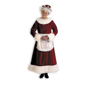 Mrs. Claus costume dress — dark red velvet, ankle length, fur trim, lace apron and mop hat