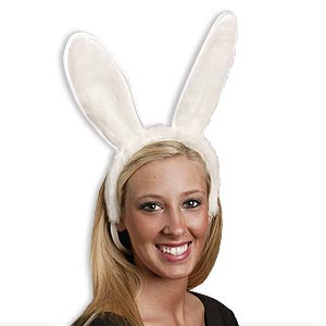 Plush bunny ears — white faux fur with satin edges and elastic chin strap